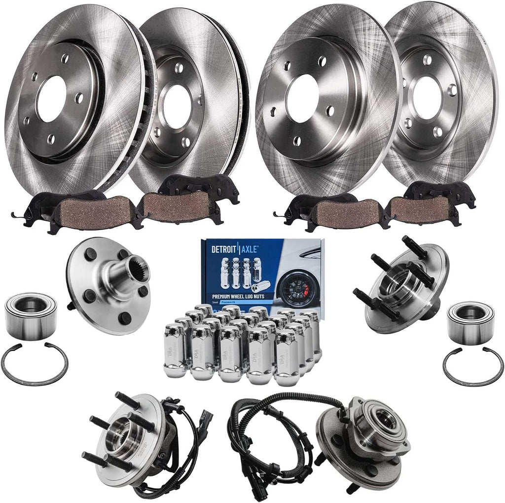 Detroit Axle - Wheel Bearing Hubs Brake Kit for 2002-2005 Ford Explorer Mercury Mountaineer 2003 2004, Front Rear Disc Brake Rotors Ceramic Brakes Pads Wheel Bearing Hubs Wheel Lug Nuts Replacement