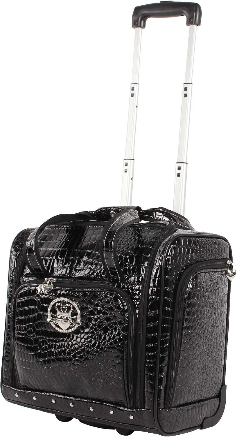 Kathy Van Zeeland Croco PVC Designer Underseat Luggage - 15 Inch Carry On Suitcase for Women- Lightweight Under Seat Bag with 2-Rolling Spinner Wheels (Black)