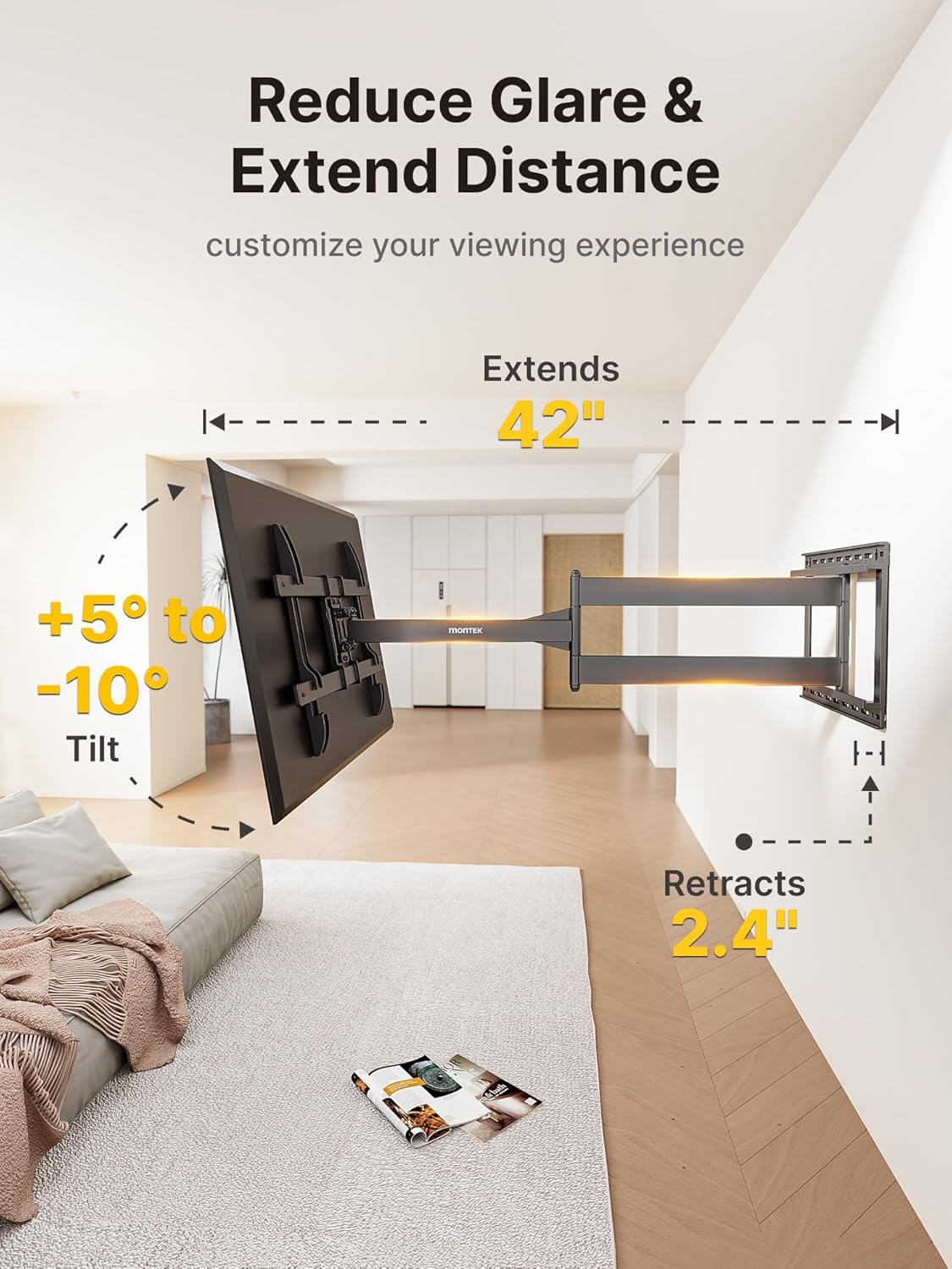 monTEK Long Arm TV Wall Mount for Most 43-80 Inch TVs, 42 Inch Long Extension TV Mount Swivel and Tilt, Full Motion Wall Mount Tv Bracket Fit Max VESA 600 x 400mm, Up to 110 lbs, 16',18' Studs
