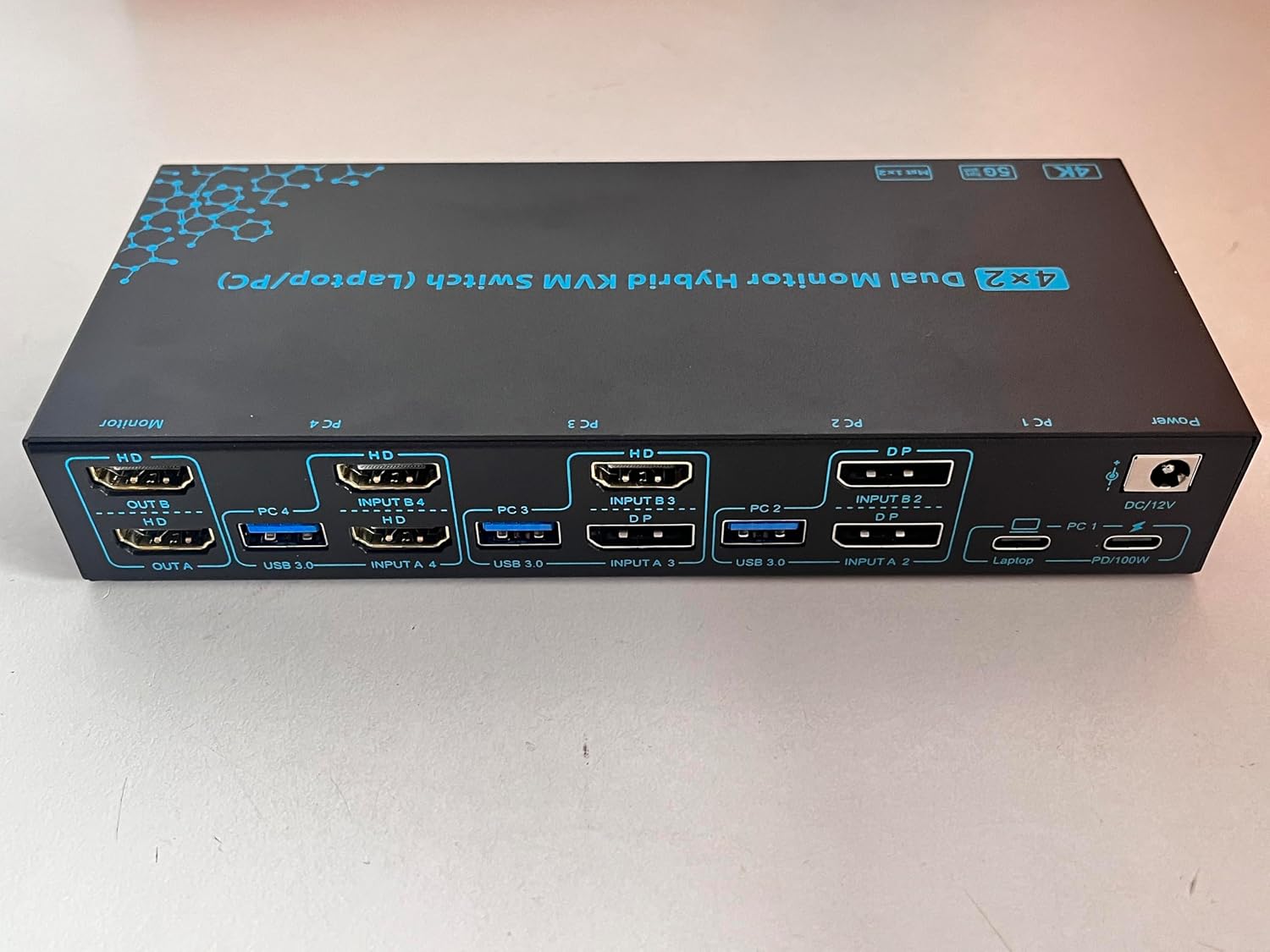 2 Monitors 4 Computers KVM Switch Laptop and Desktop 4 Port Hybrid USB-C Docking & Dual Displayport & DP HDMI & Dual HDMI 4K@60Hz KVM Switch with EDID Emulator, Support PD 100W Charging