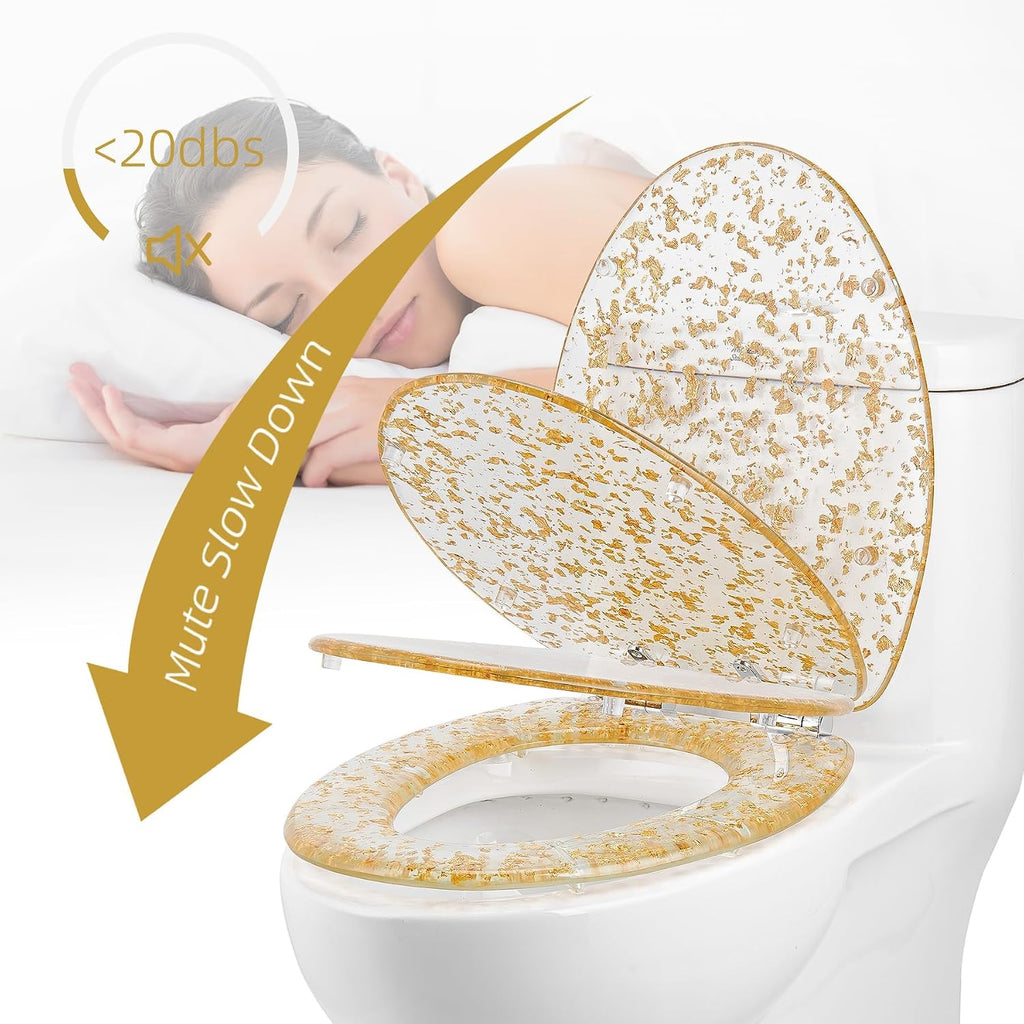 Toilet Seats 17.3' Glitter Toilet Seat Range Novelty Glitzy Sparkle Bathroom Toilet Seat, Soft Close, Quick Release for Easy Clean with Top Fixtures,Gold(Gold Foil)