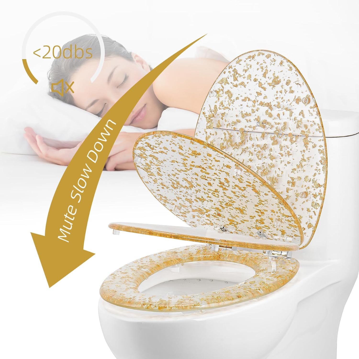 Toilet Seats 17.3' Glitter Toilet Seat Range Novelty Glitzy Sparkle Bathroom Toilet Seat, Soft Close, Quick Release for Easy Clean with Top Fixtures,Gold(Gold Foil)
