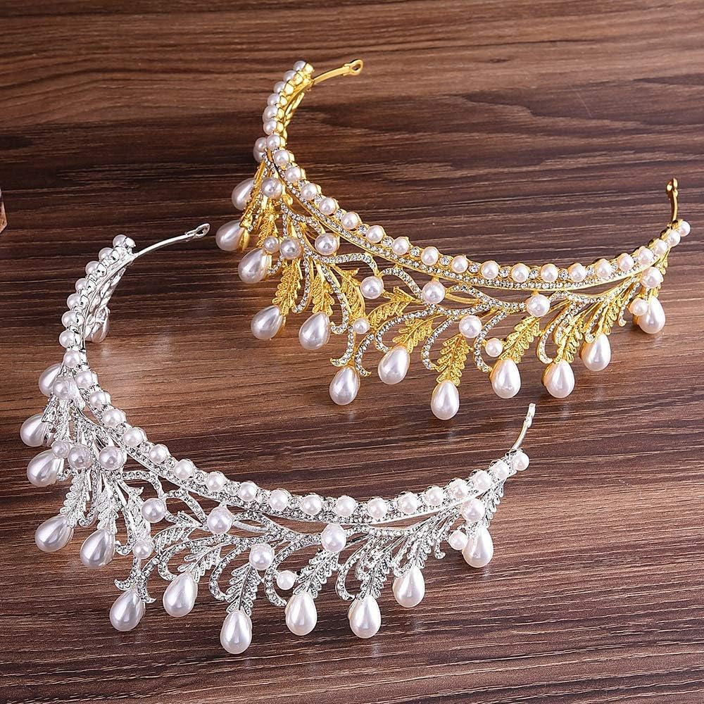 Elegant Women Bridal Crown Bridal Tiara Jewelry Bride Crown Wedding Prom Leaves Rhinestone Pearl Hair cessories for Wedding Hair Jewelry (Color : Gold) Colour:Silver (Color : Silver) (Gold )