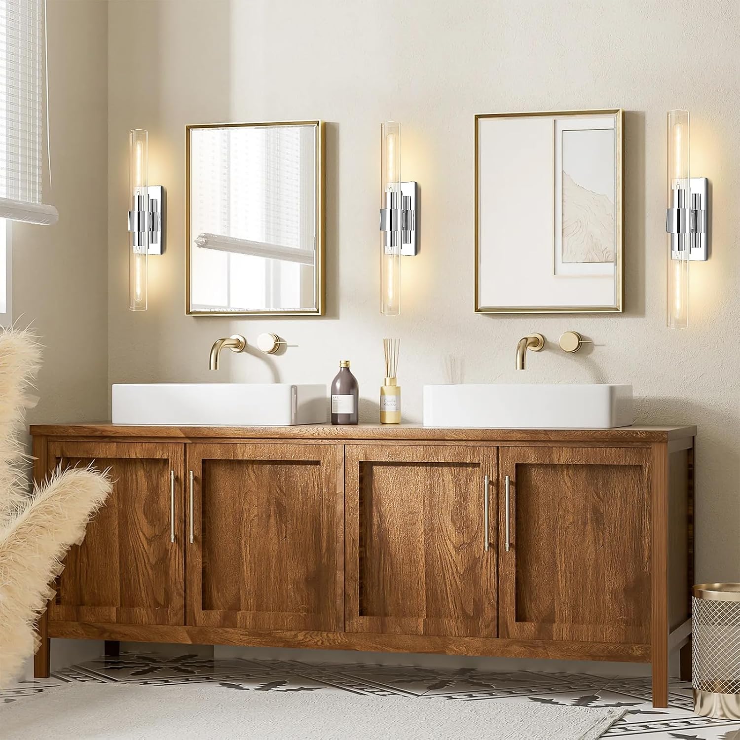 Chrome Wall Sconces, 22.8' Bathroom Sconces, Indoor Sconces Wall Lighting Up and Down, Nickel Wall Sconce Dimmable, Vanity Lights Fixtures with Tube, Glass Sconce for Bedroom, Staircase