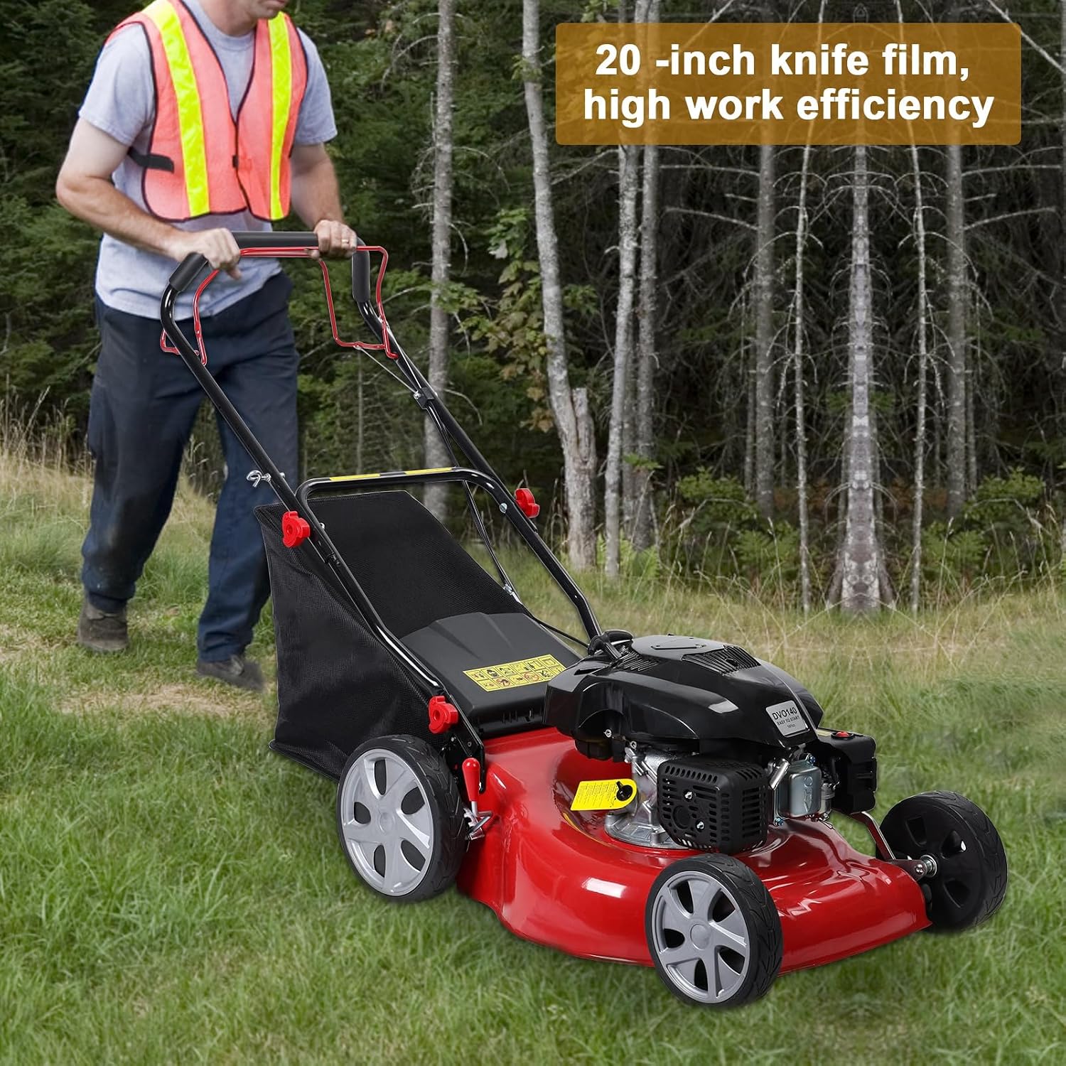 4-Stroke 141CC Self Propelled Gas Lawn Mower, 20 Inch Blade Gas Engine Lawnmower, Push Mower with 50L Grass Tank, Lawn Mower Gas Powered Red