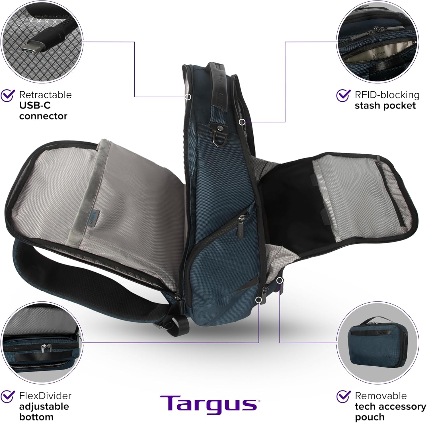 Targus HeritageLuxe Backpack 15-16' – Blue Laptop Bag with SafeSling Protection, RFID Pocket, USB-C Charging, Tracker Slot, Eco Fabric, Leather Accents - TBB65602GL