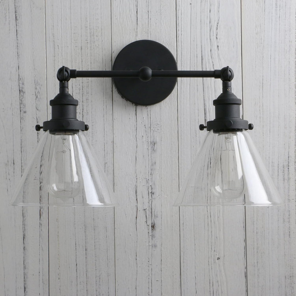 PERMO Industrial Double Sconce 2-Lights Wall Sconces with Dual Funnel Clear Glass Shade Wall Sconce for Mirror Hallway Bedroom, Hardwired, E26 Base (Black)