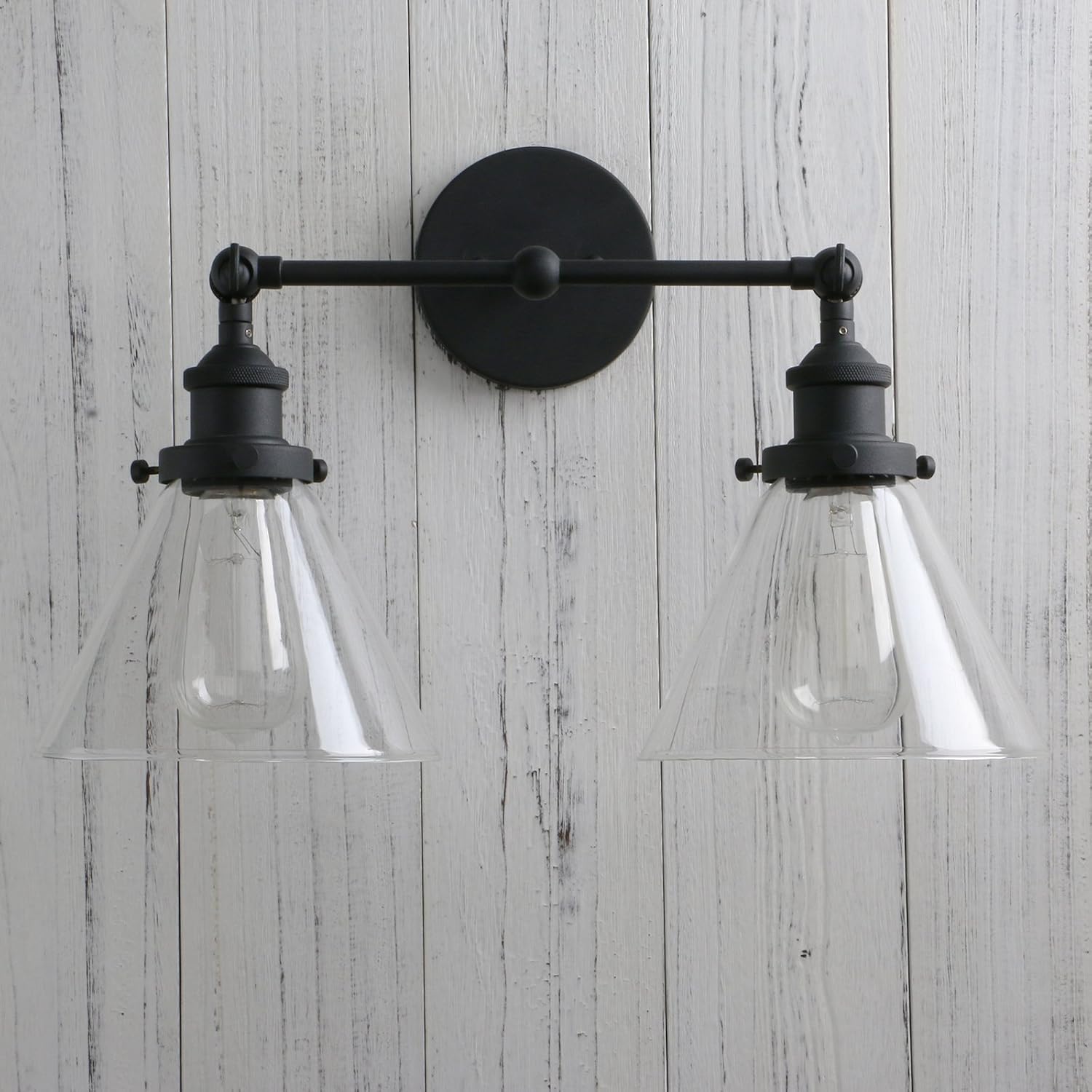 PERMO Industrial Double Sconce 2-Lights Wall Sconces with Dual Funnel Clear Glass Shade Wall Sconce for Mirror Hallway Bedroom, Hardwired, E26 Base (Black)