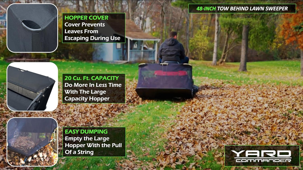 Yard Commander - 48-Inch Tow-Behind Lawn Sweeper, 10' Nylon Brushes, Universal Tractor/ATV Hitch, Never-Flat Wheels, Adjustable Height, 1-Year Warranty, Ideal for Leaves, Grass & Debris