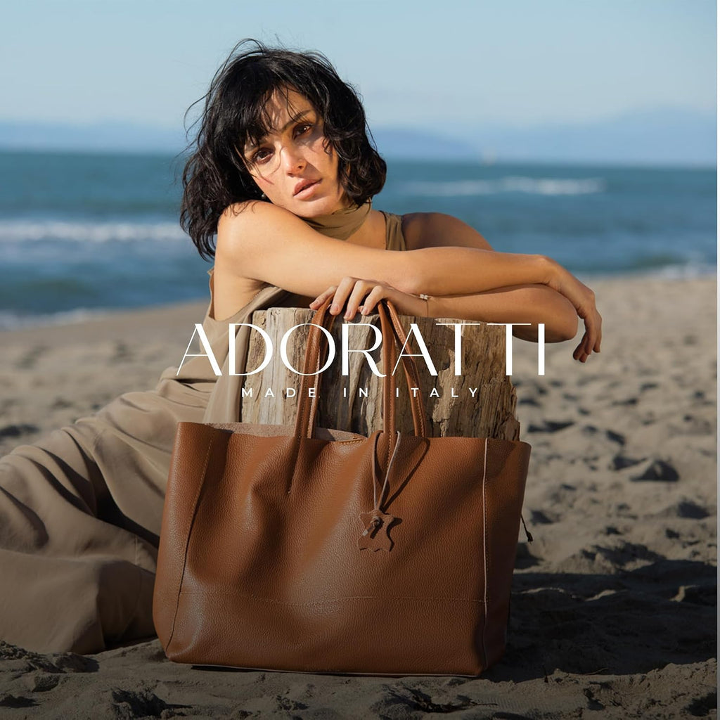 Italian Leather Tote Bag for Women - Large Shoulder Shopper, Fits 16' Laptop, Keychain Holder, Made in Italy
