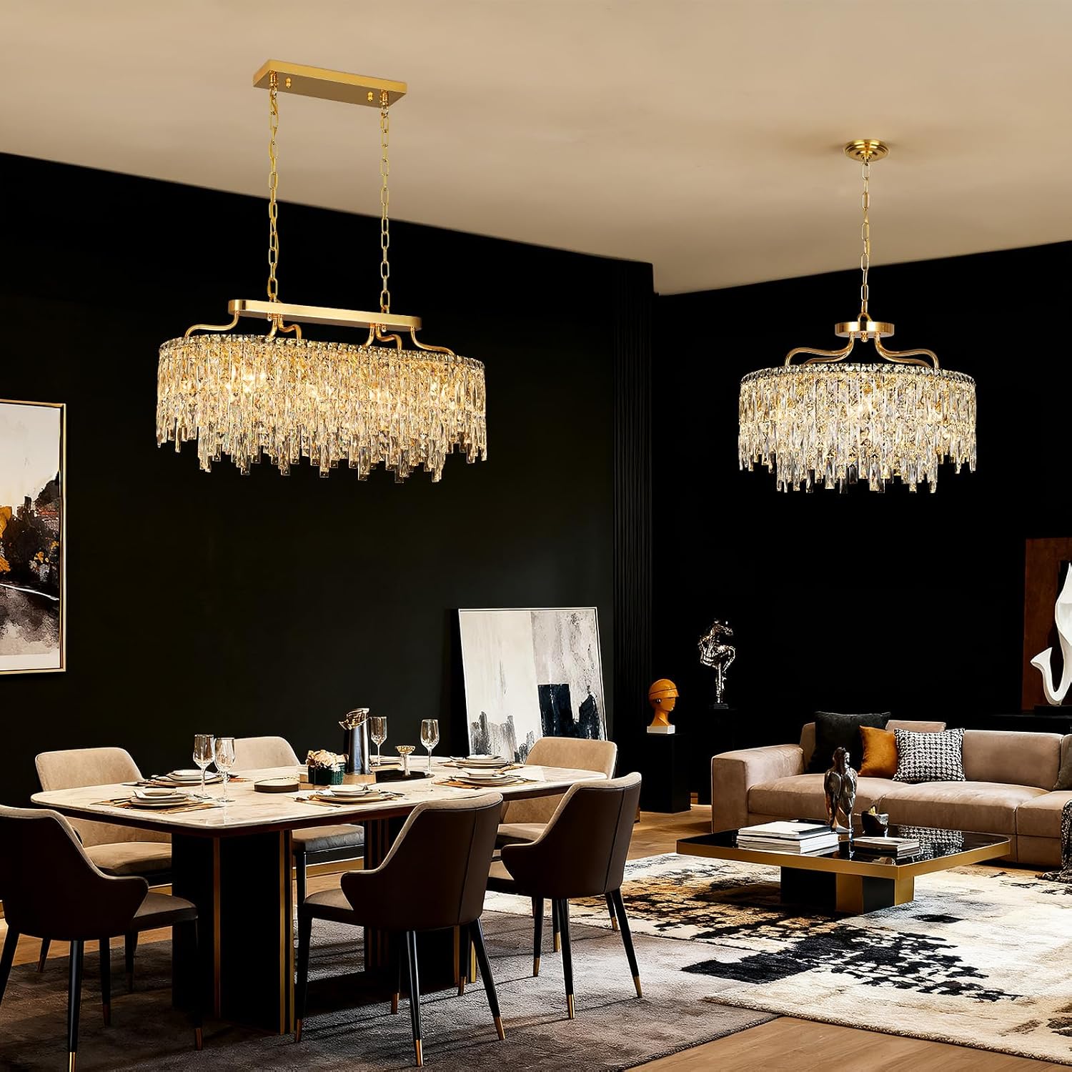 Gold Crystal Chandelier | Modern Luxury Oval-Shaped Chandeliers for Dining Room Light Fixture, 32' 10-Light Crystal Ceiling Lighting Fixture for Dining Room Kitchen Island Bar