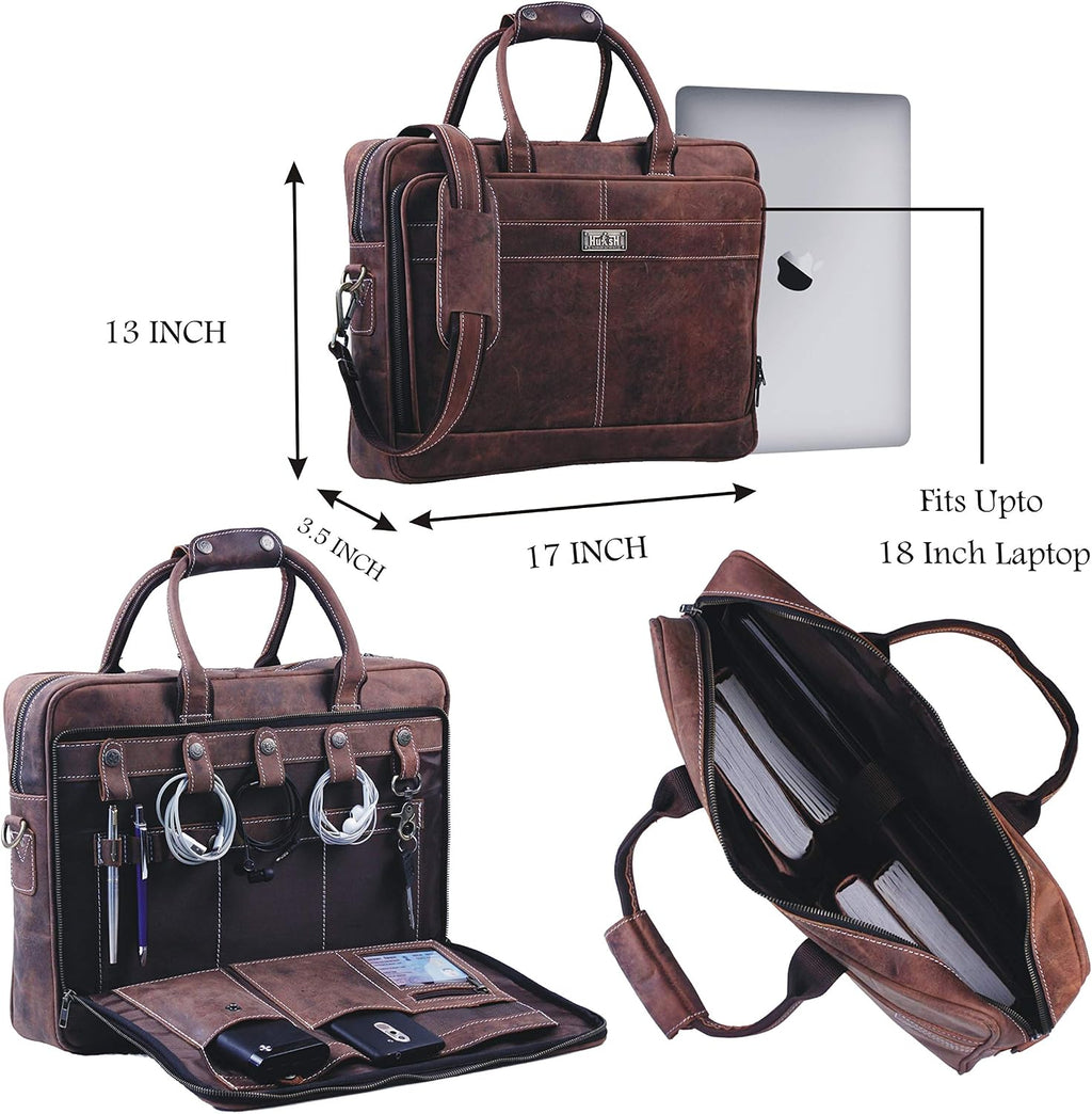 18 Inch Leather Laptop Bag for Computer Bag for Men– Supple Genuine Leather Briefcases for Men W/Padded Laptop Case Leather