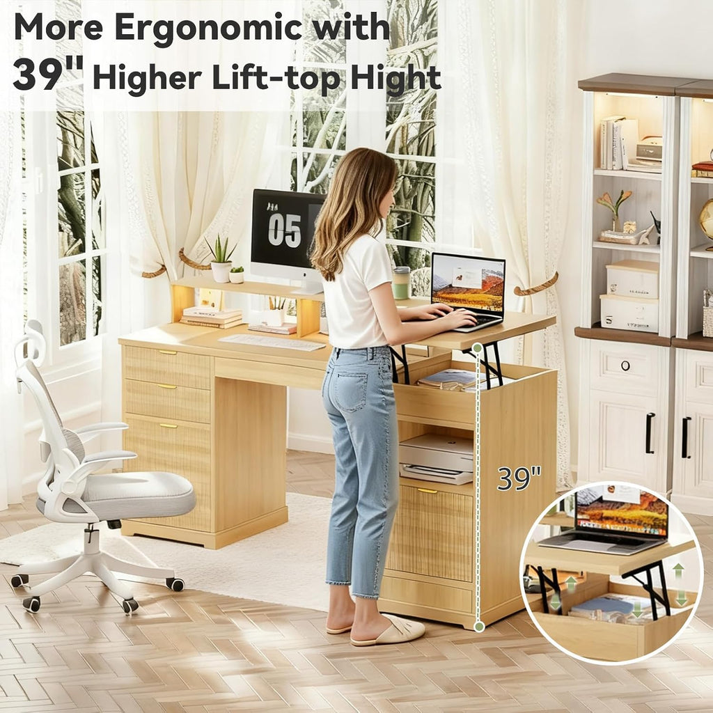 Fluted Executive Desk with File Drawers, 63' Fluted Home Office Desk with Lift Top, Gaming Desk, Charging Station, Sensor Lights, Wood Computer Table with Monitor Stand