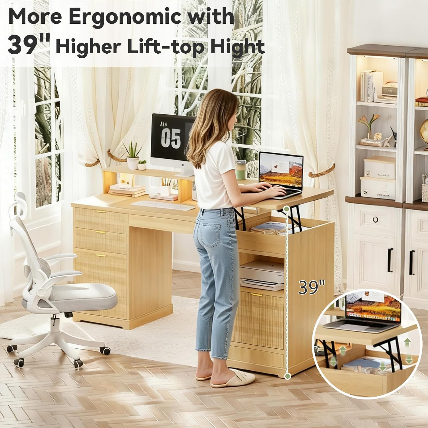 Fluted Executive Desk with File Drawers, 63' Fluted Home Office Desk with Lift Top, Gaming Desk, Charging Station, Sensor Lights, Wood Computer Table with Monitor Stand