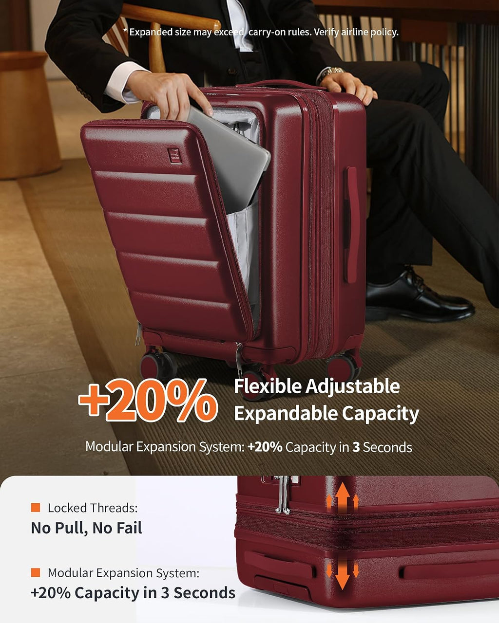 Expandable 20Inch Carry On Luggage Airline Approved - Front Pocket Travel Suitcase 100% PC Unbreakable -with Cup Holder,USB Charge,Side Pothook, 360°Spinner Wheels, TSA Lock-Wine Red