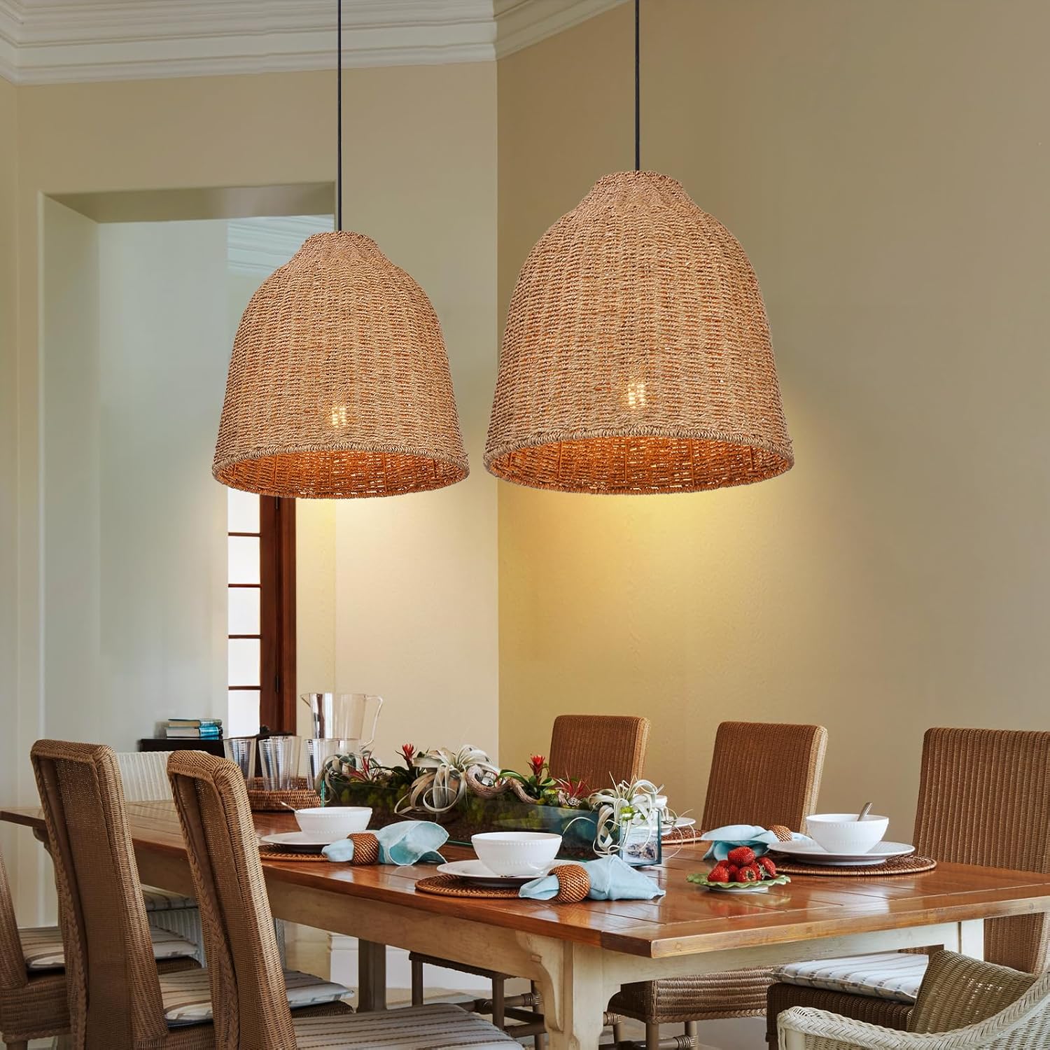Arturesthome Large Woven Pendant Light for Kitchen Island,Rustic Farmhouse Rattan Chandelier Wicker Basket Ceiling Hanging Lamp for Dining Room Bedroom,Entryway,Foyer 19.6'*17.6'