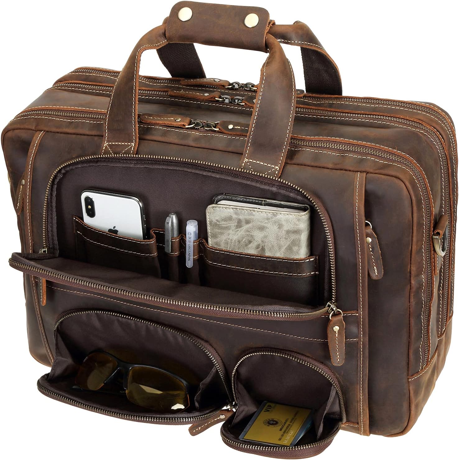 Polare Full Grain Cowhide Leather 17'' Laptop Large Briefcase for Men Business Messenger Bag Work Bag