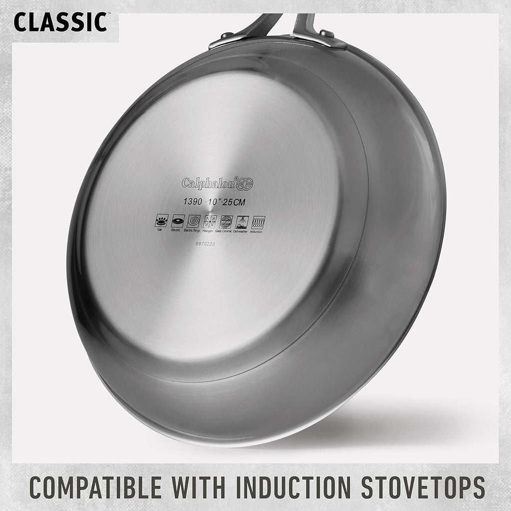 Calphalon Classic Stainless Steel Cookware Set, 10-Piece, Impact-Bonded Aluminum Base, Stay-Cool Handles, Oven Safe 450F, Silver
