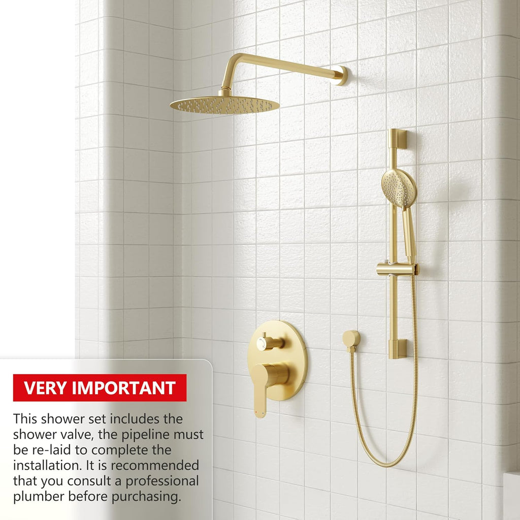 Gabrylly Shower System, High Pressure 12' Rain Shower Head with Handheld Shower, Wall Mounted Slide Bar Shower Faucet Set Complete, Shower Combo Set with Shower Valve,Brushed Gold