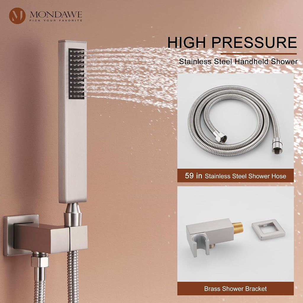 MONDAWE 12 Inch Thermostatic Shower System in Brushed Nickel, Wall Mounted Shower Head with Handheld Spray and 6 Body Jets, High Pressure Bathroom Shower Faucet Set with Thermostatic Valve