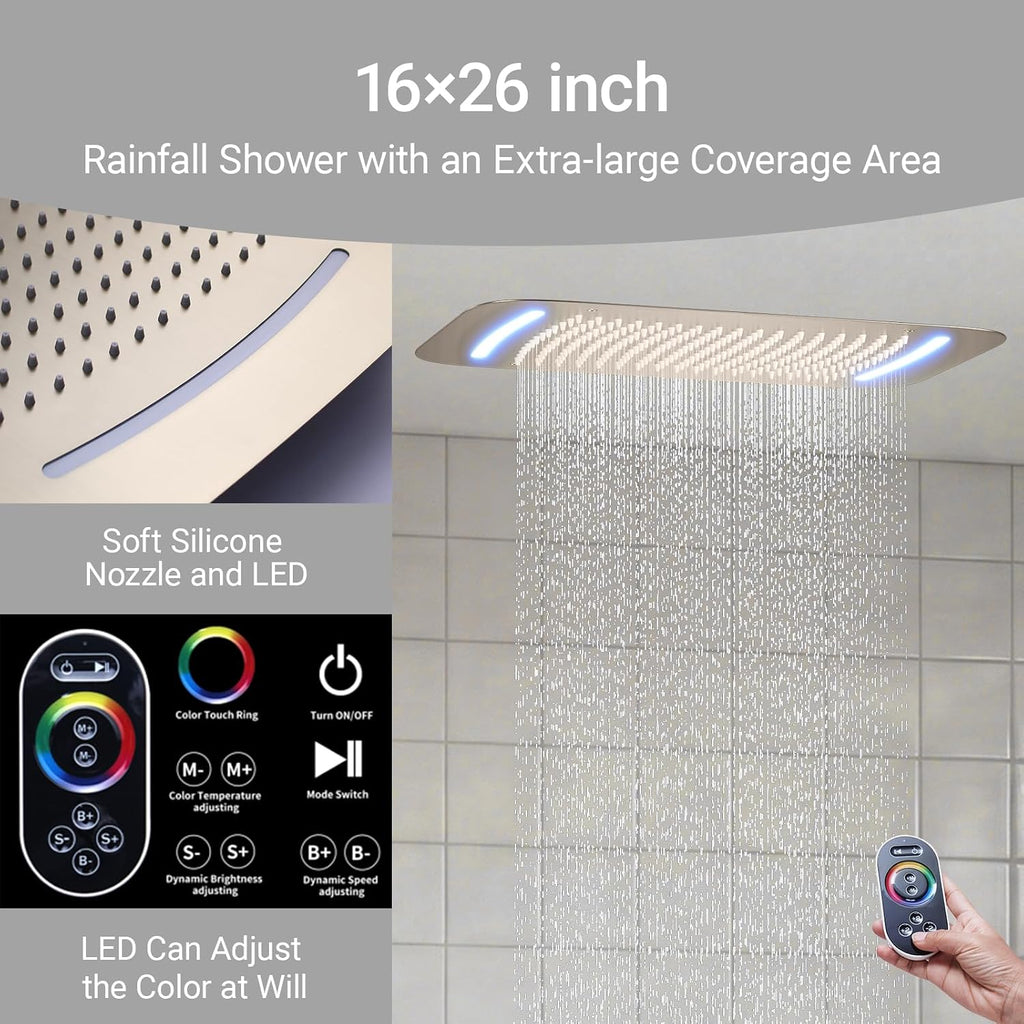 Shower System 16X26 inch Ceiling Mounted Shower Faucet Set with 8 inch Dual Shower Head, with 6 PCS Body Jets and Handheld Spray, Digital Temperature Display Shower Valve, Brushed Gold