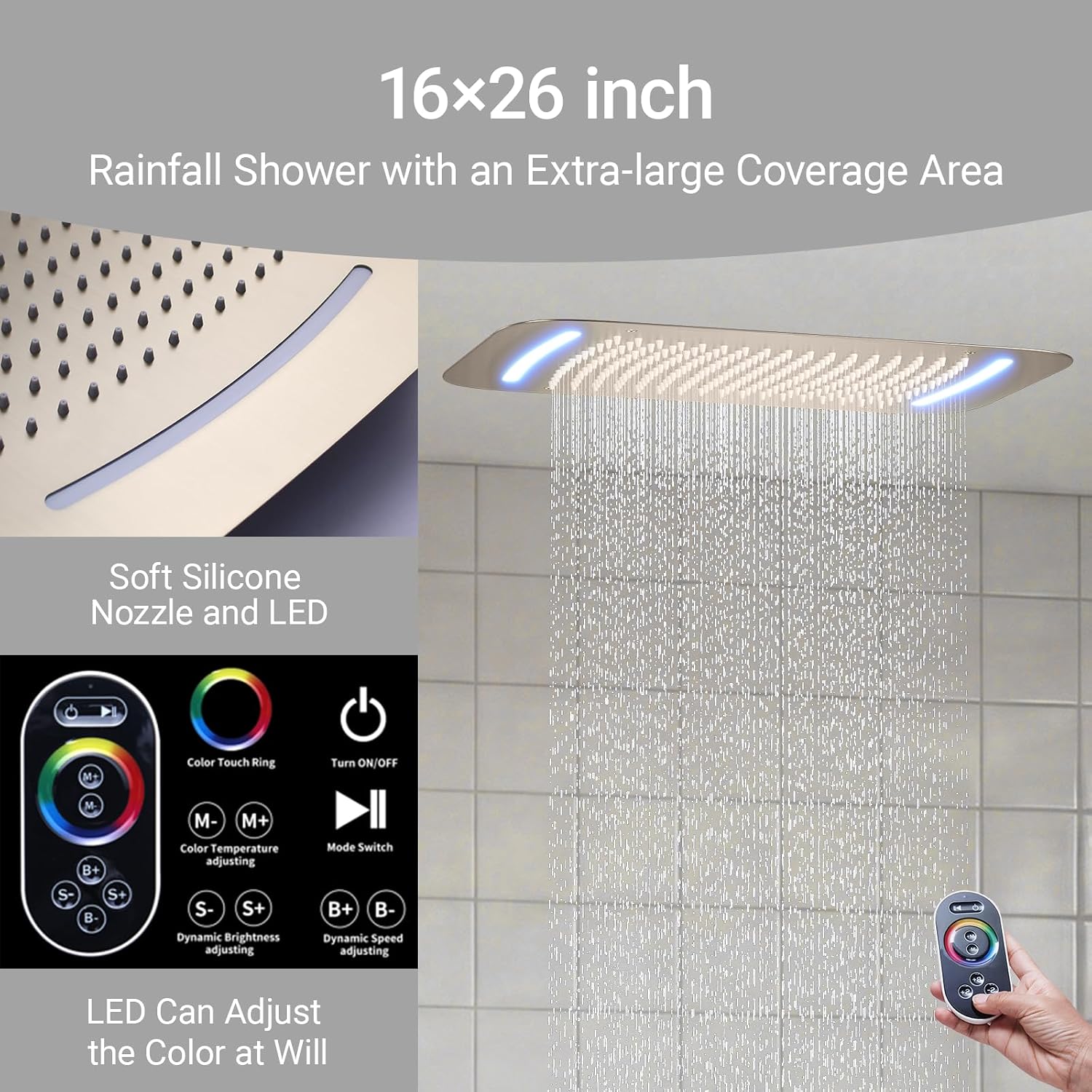 Shower System 16X26 inch Ceiling Mounted Shower Faucet Set with 8 inch Dual Shower Head, with 6 PCS Body Jets and Handheld Spray, Digital Temperature Display Shower Valve, Brushed Gold