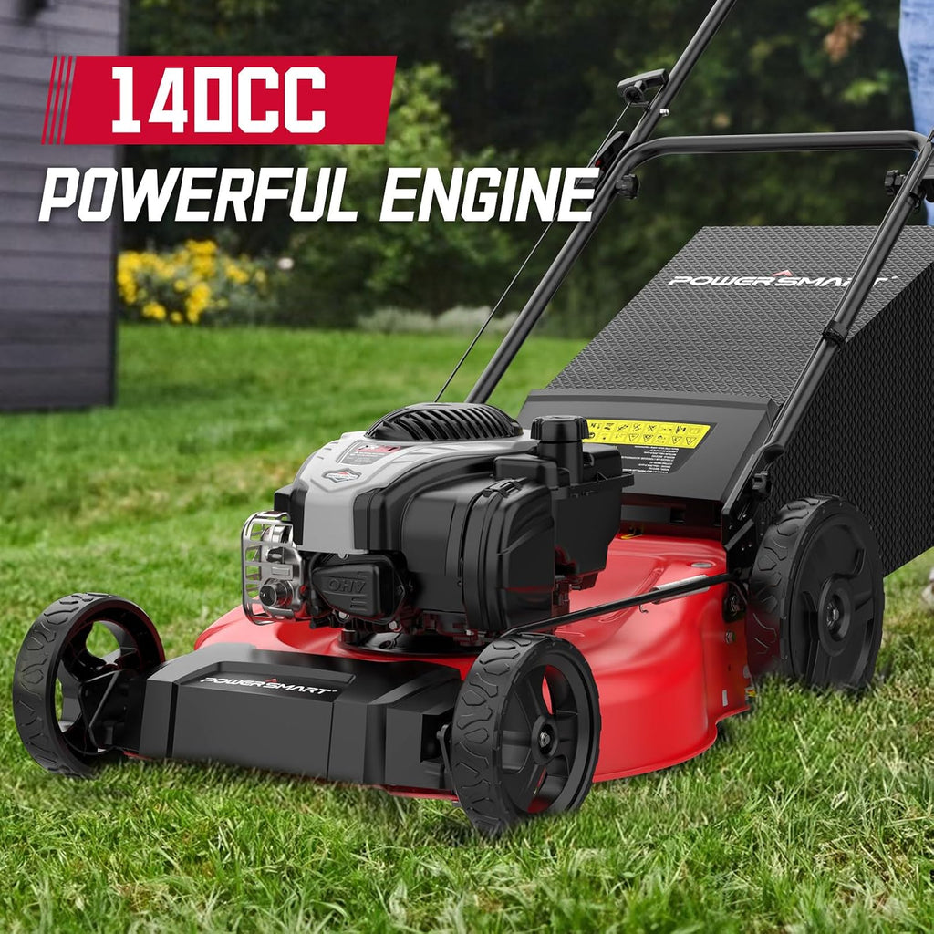 PowerSmart 21' Gas Lawn Mower, 140cc B&S E550 Engine, 3-in-1 with Bagging, High Wheels, Lightweight, Easy Assembly, Cordless Push Lawn Mowers for Garden Yard