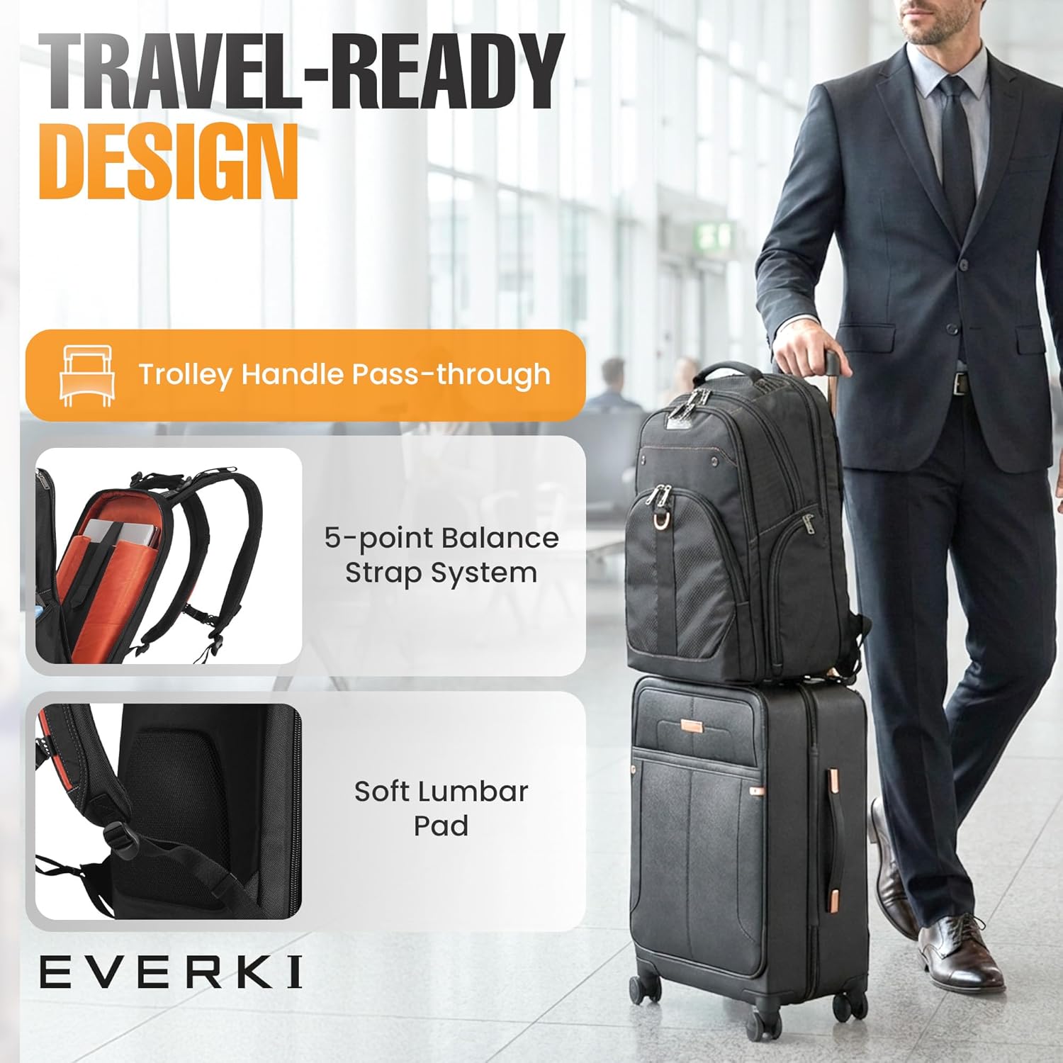 EVERKI Atlas Business 29.5L Laptop Backpack – Travel-Friendly Business & Office, Professional Backpack for Men & Women, Durable Computer Bag with Adjustable Padded Compartment, Fits 11'-15.6', Black