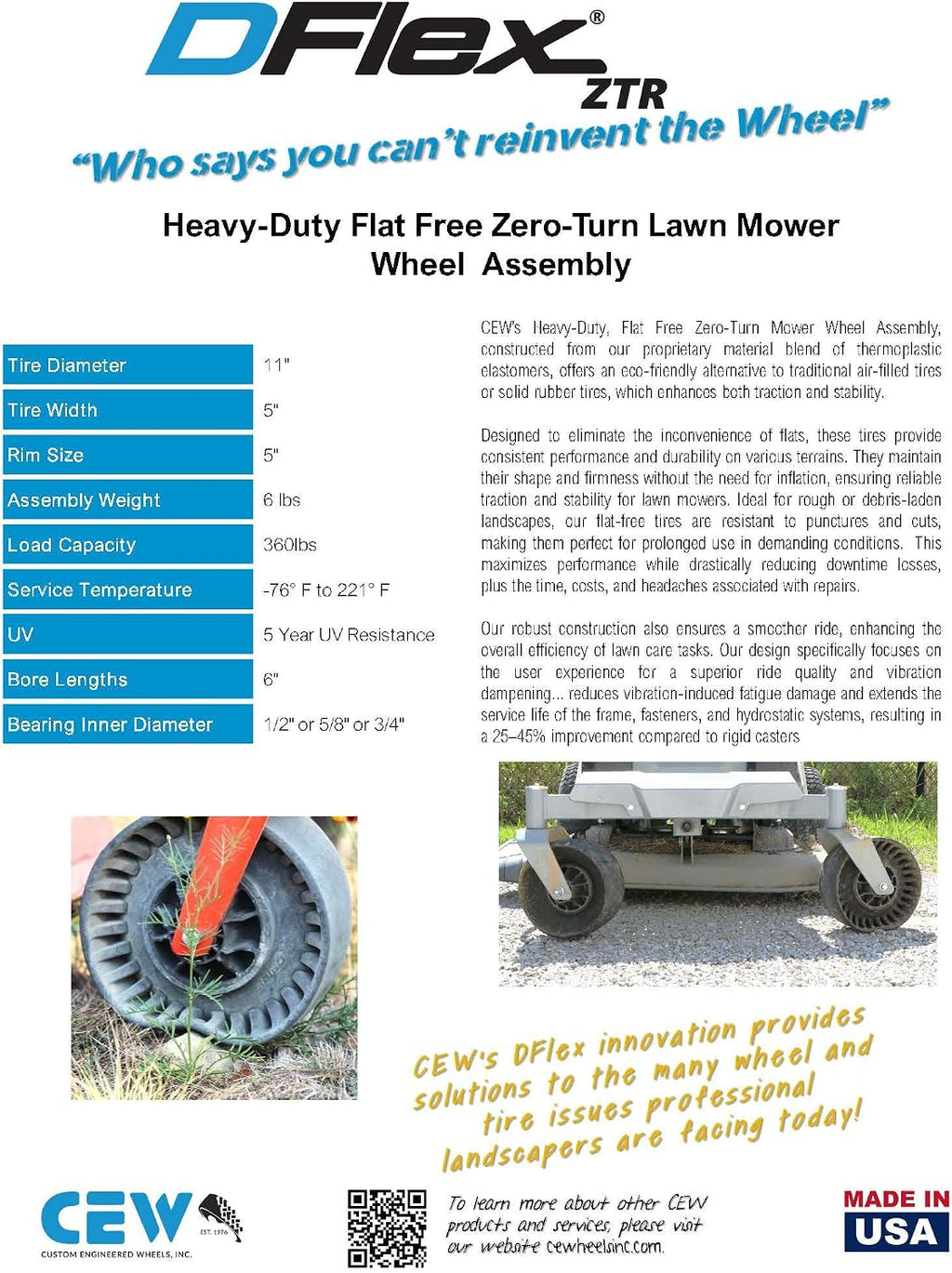 DFlex® Flat Free Lawn Mower Wheel, 11x5-5 Shock Absorption Solid Front Tires for Zero Turn Mower, 360Lbs Load, 1/2' or 5/8' or 3/4' Bearings, 5.91' Hub Bore Length, 2Pack (0.50' BB)