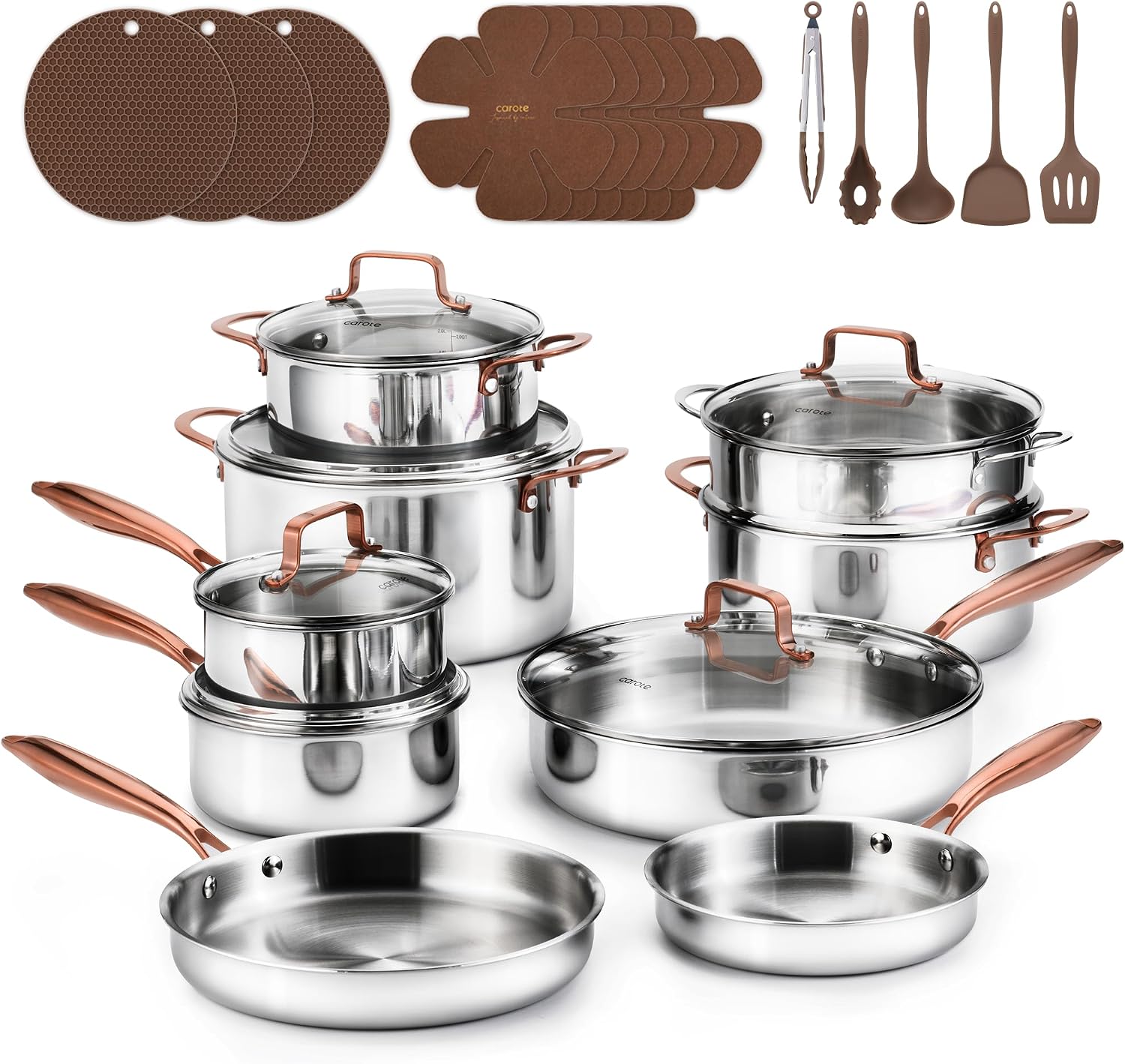 CAROTE 30 PCS Tri-Ply Stainless Steel Cookware Set, Pots and Pans Set, Non Toxic Induction Kitchen Cooking Sets, Gold