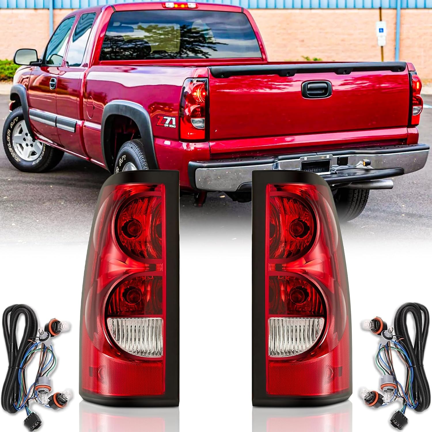 Headlights and Taillights Assembly Combo Kits for 2003-2006 Chevy Silverado 1500 2500 3500 & 2007 Chevy Silverado Classic Head Lamps/Red Rear Tail Brake Signal Lights Replacement (LH RH),Black Clear