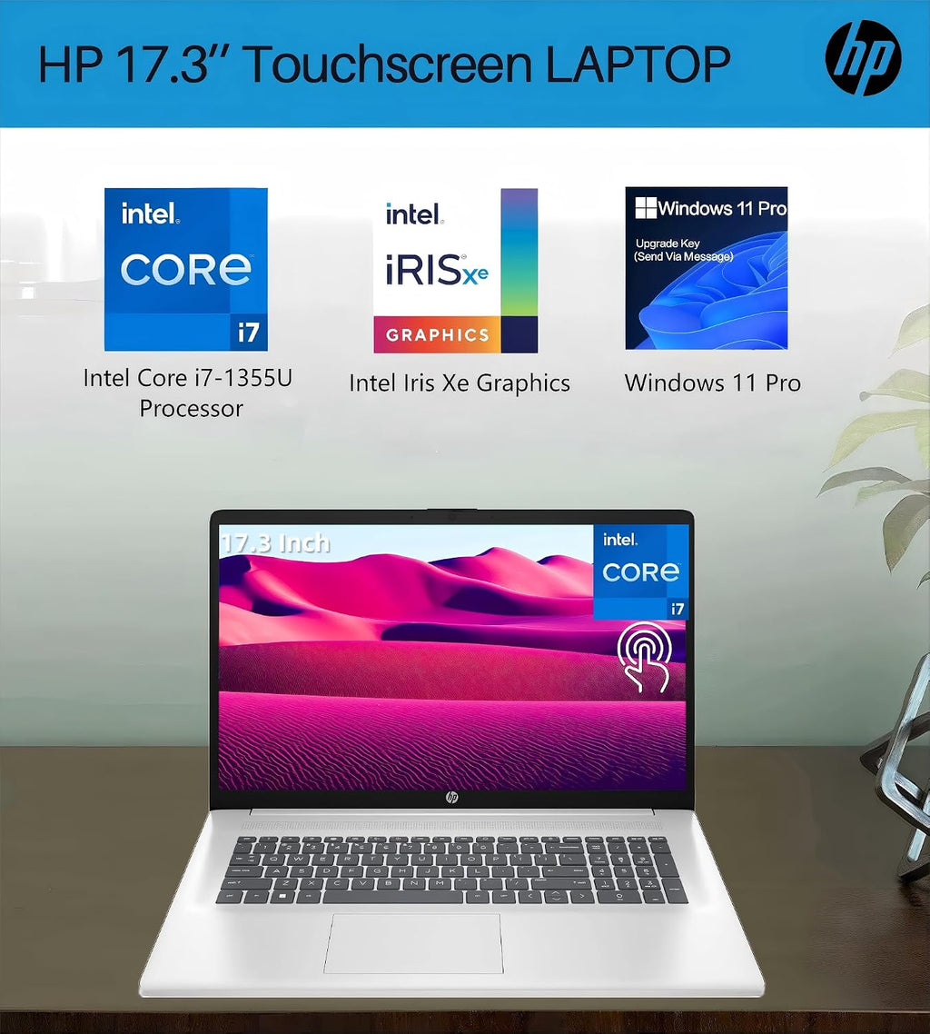 HP 17 inch Laptop for Business, 17.3' HD+ Touchscreen Display, Intel 10-Core i7-1355U(up to 5.0 GHz), 32 GB RAM, 1 TB SSD, Lifetime Office, Windows 11 Pro, Intel Iris Xe GPU, Wi-Fi 6, w/Accessories