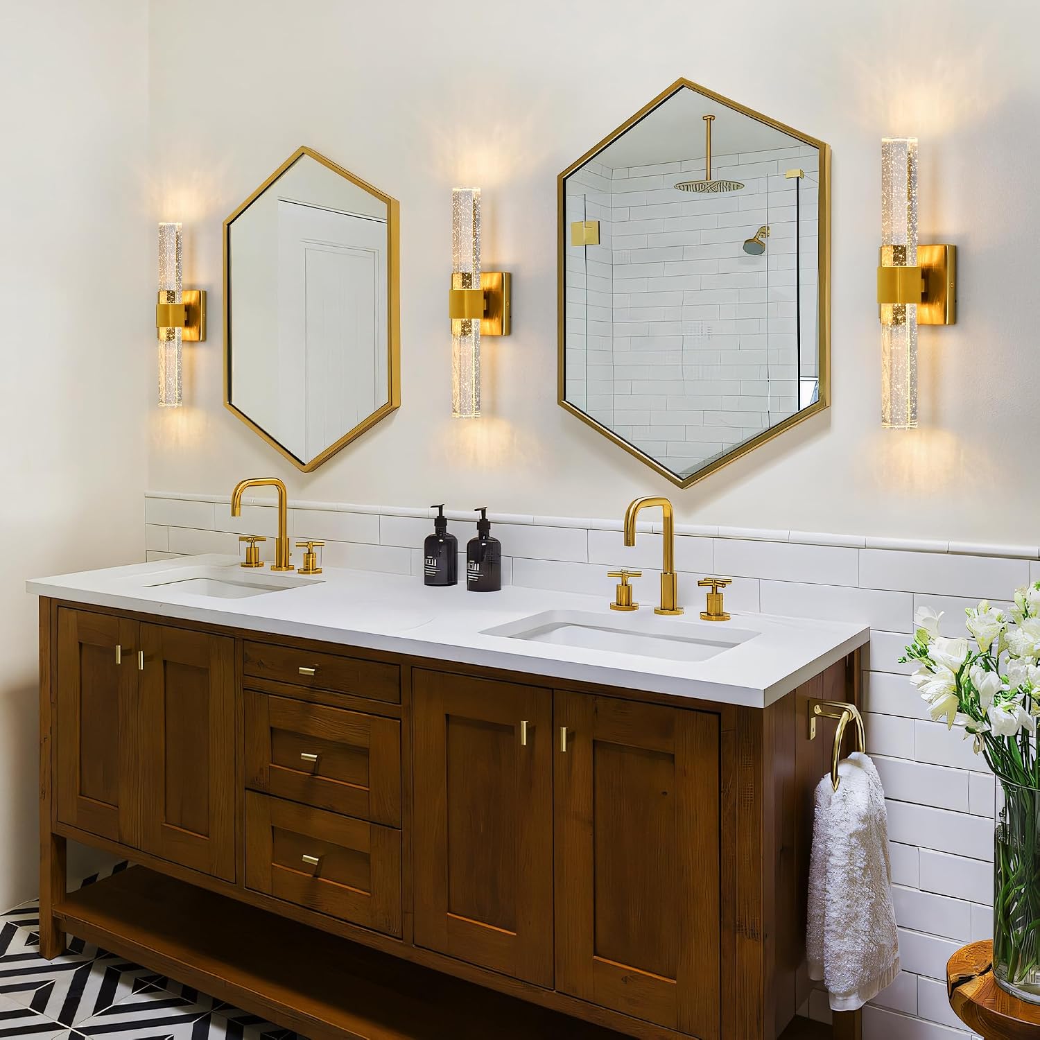 Epinl Gold Wall Sconces Set of Two - Bathroom Sconces Wall Lighting 14W Dimmable LED Crystal Wall Light with Bubble Glass 15.7inch Indoor Vanity Lights for Bathroom Hallway Bedroom (2 Pack)