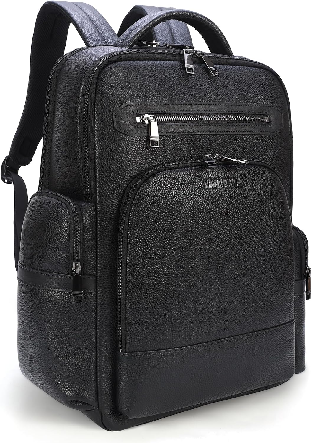 Masa Kawa Black Leather Business Travel Laptop Backpack for Men Fits 15.6' 16' Computer Office Work Commuting Executive Bag Waterproof Daypack