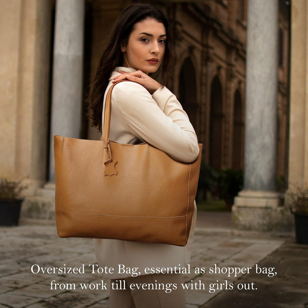 Italian Leather Tote Bag for Women - Large Shoulder Shopper, Fits 16' Laptop, Keychain Holder, Made in Italy
