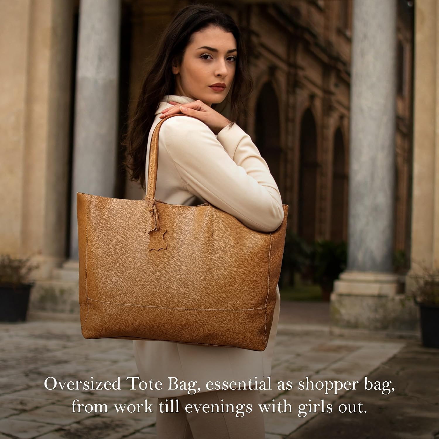 Italian Leather Tote Bag for Women - Large Shoulder Shopper, Fits 16' Laptop, Keychain Holder, Made in Italy