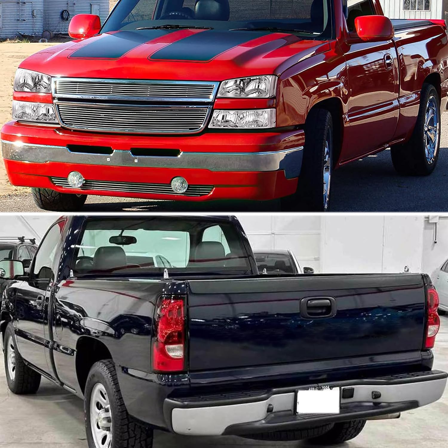 Headlights Tail Lights Assembly Combo Compatible with 2003 2004 2005 2006 Chevy Silverado 1500 2500 3500, Chrome Housing Clear Lens Headlamp w/ Red Taillight Rear Brake Lamp