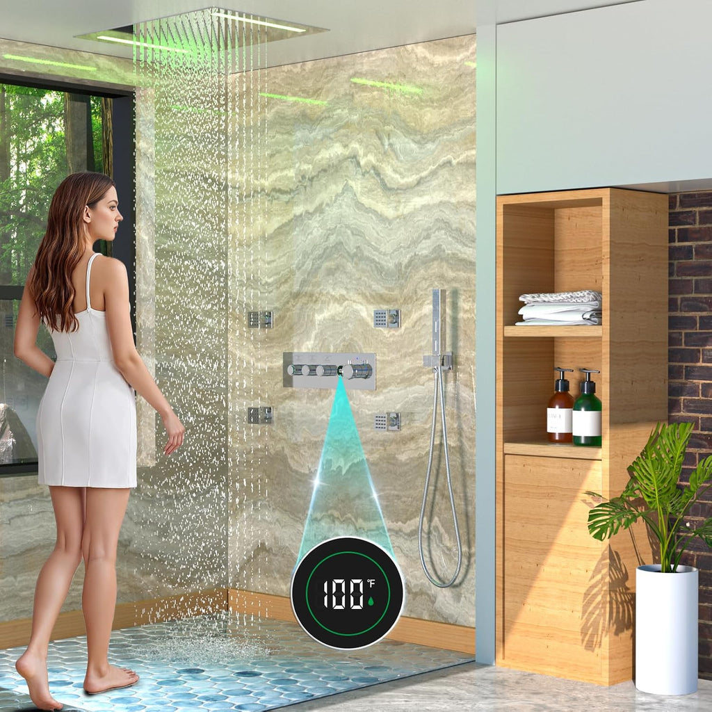 Enga 20 X 14 Inch LED Rain Shower System, Temperature-Display Thermostatic Shower Valve, 4PCS Shower Jets with ON-OFF, Dual Function Handheld Sprayer, Chrome