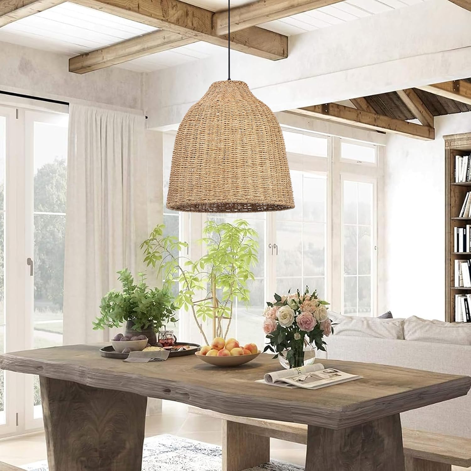 Arturesthome Large Woven Pendant Light for Kitchen Island,Rustic Farmhouse Rattan Chandelier Wicker Basket Ceiling Hanging Lamp for Dining Room Bedroom,Entryway,Foyer 19.6'*17.6'