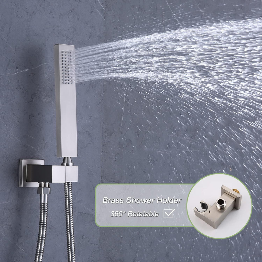 Brushed Nickel Shower Faucet Set with 16X24 Inch Ceiling Shower, with Handheld Spray and 6 PCS Body Jets, 5 Function Thermostatic Shower System