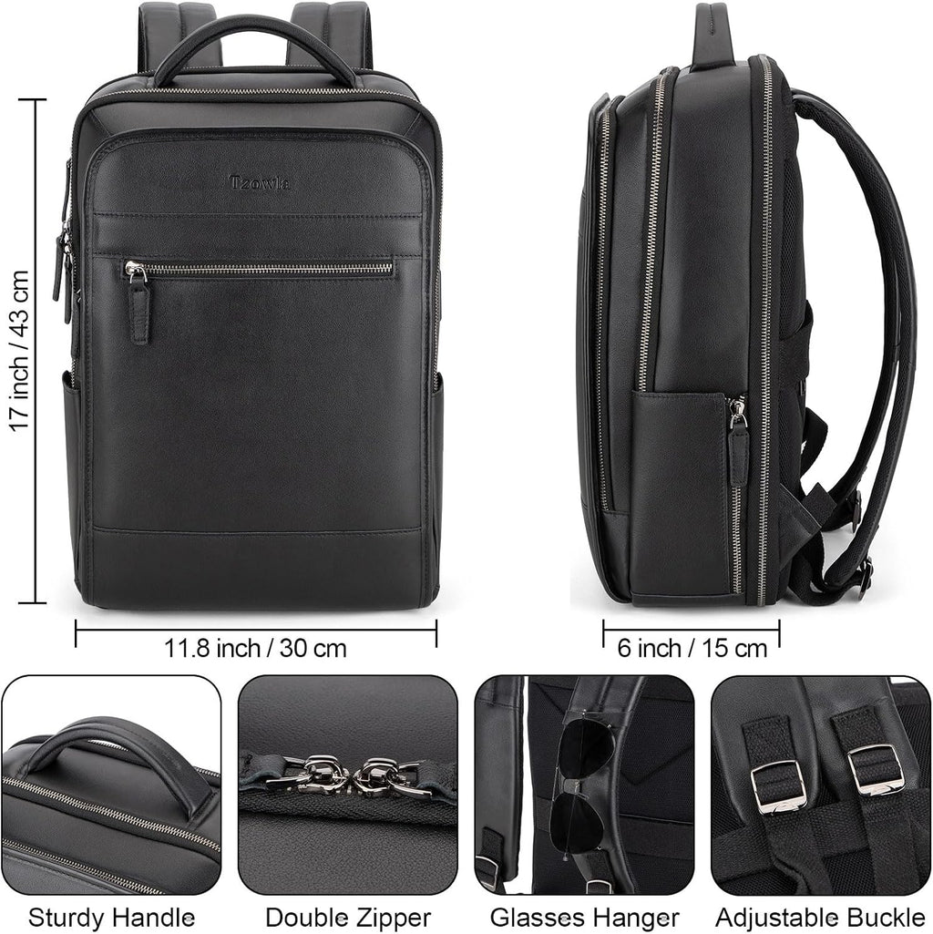 Tzowla Leather Laptop Backpack, Bag for Men and Women,Business Travel Work Rucksack Fits 15.6 Inch Laptop,Bookbag with USB and Type-C Charging Port-Black