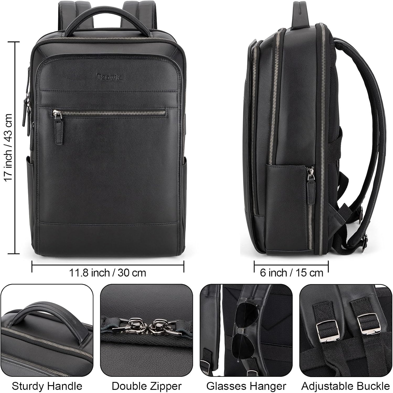 Tzowla Leather Laptop Backpack, Bag for Men and Women,Business Travel Work Rucksack Fits 15.6 Inch Laptop,Bookbag with USB and Type-C Charging Port-Black