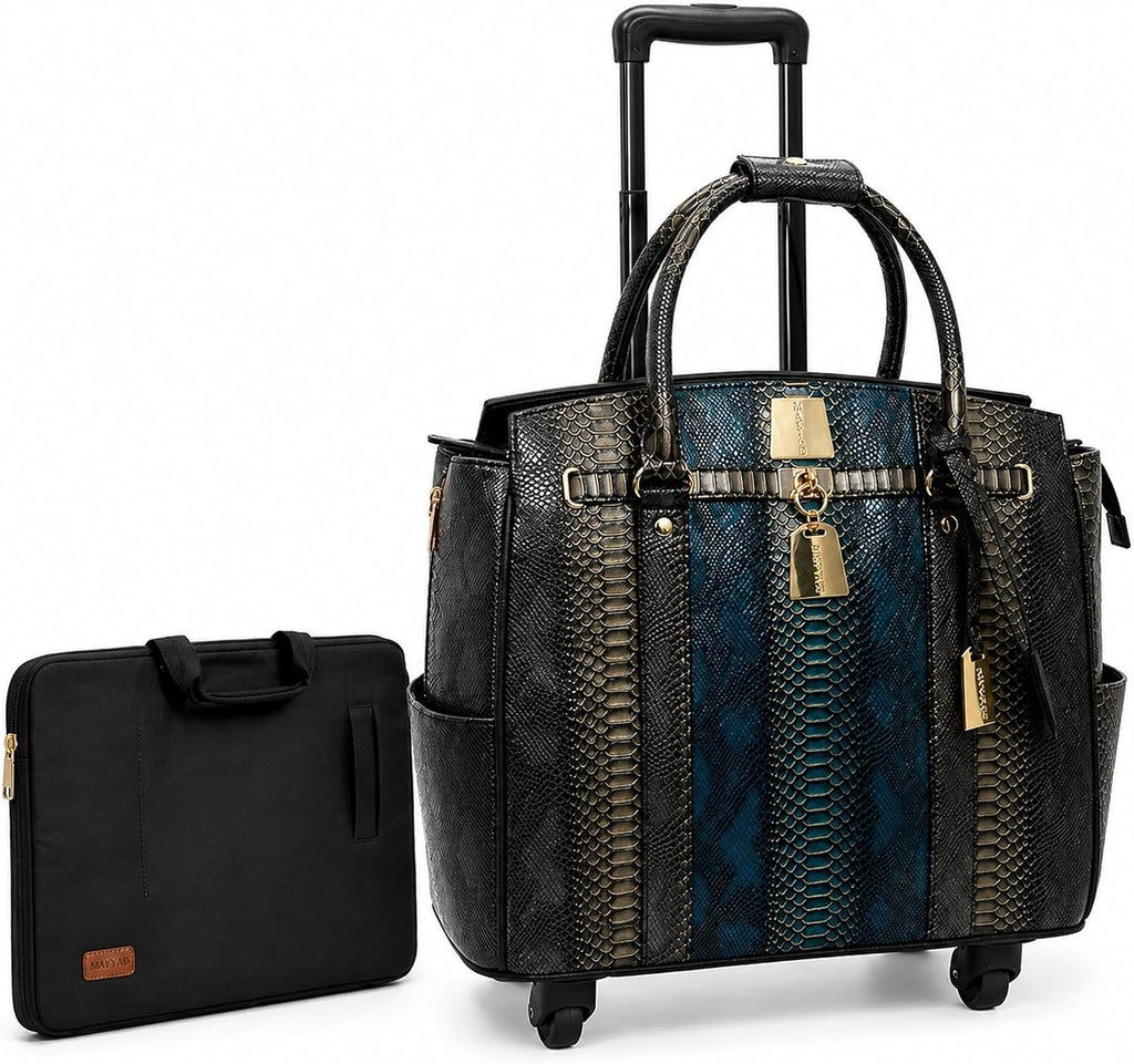 Rolling Laptop Bag for Women with Wheels & Handle Luxury Pure Leather Embossed Work Bag with Laptop Sleeve Travel Briefcase