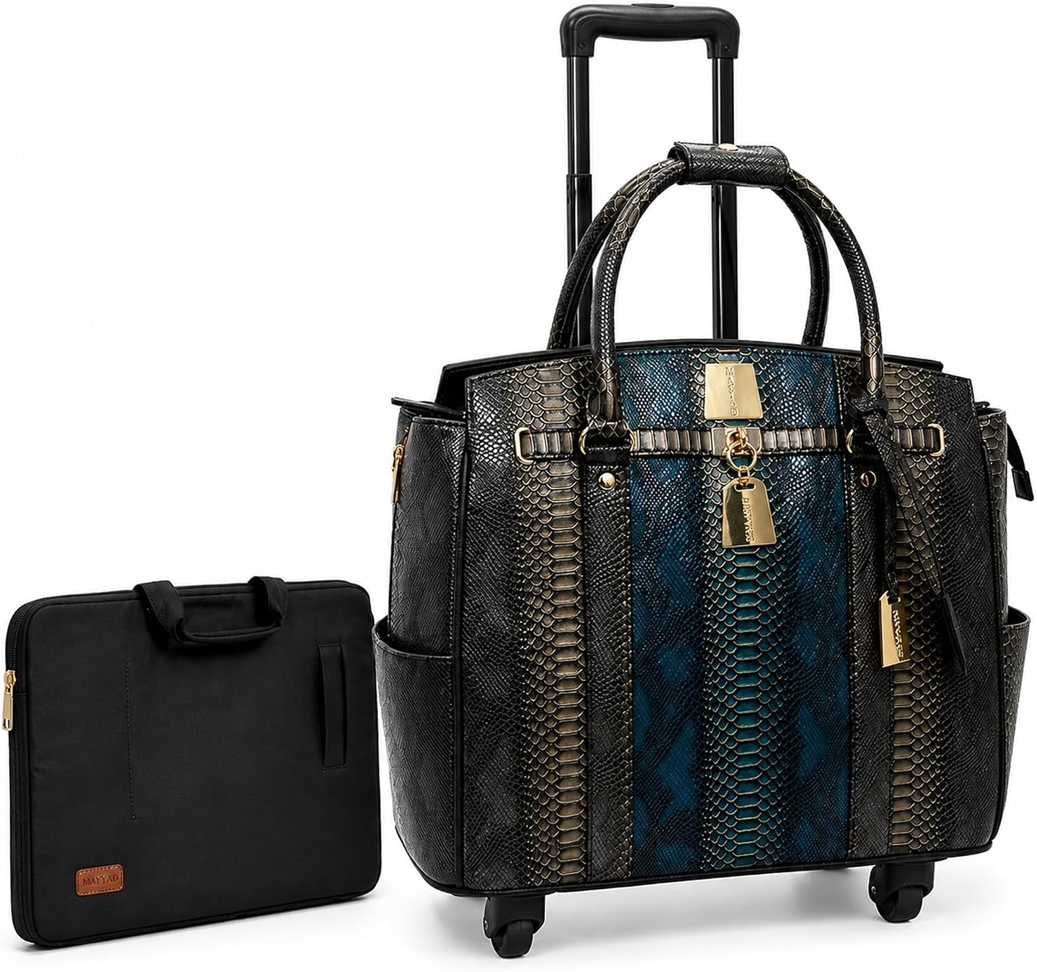 Rolling Laptop Bag for Women with Wheels & Handle Luxury Pure Leather Embossed Work Bag with Laptop Sleeve Travel Briefcase