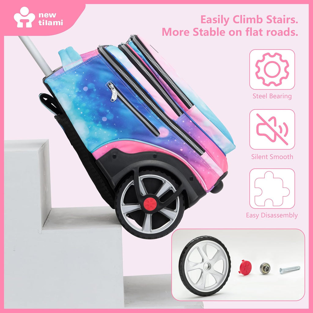 NEW TILAMI 20' Rolling Backpack for Teens Adults, Climbing Stairs Waterproof Backpack with Wheels for School Business Trave Camping with Laptop Compartment, Fit 17 Inch Laptop, Pop Gradient