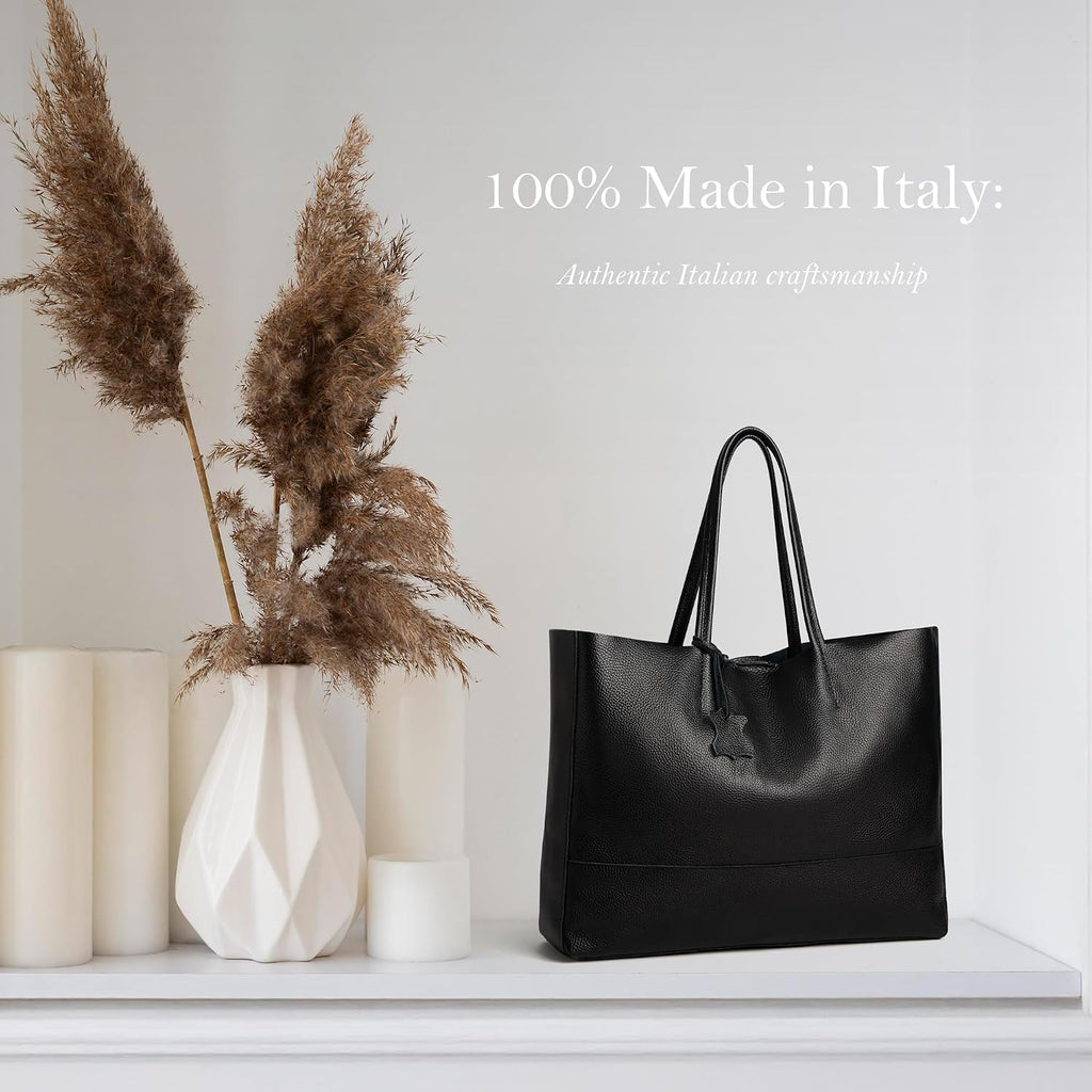 Italian Leather Tote Bag for Women - Large Shoulder Shopper, Fits 16' Laptop, Keychain Holder, Made in Italy