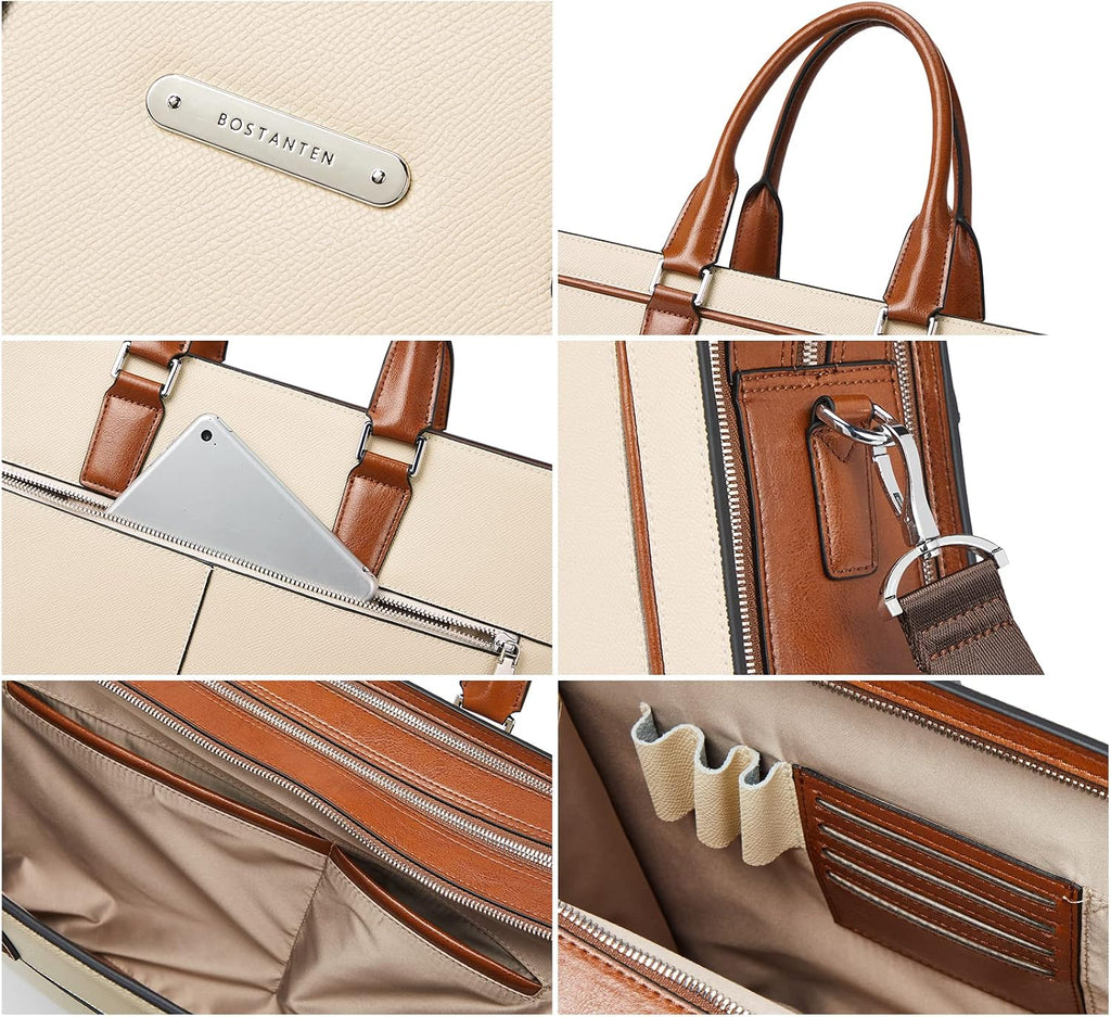 BOSTANTEN Women Genuine Leather Briefcase Tote Business Vintage Handbag 15.6' Laptop Shoulder Bag Brown