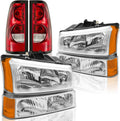 Headlights and Taillights Assembly Combo Kits for 2003-2006 Chevy Silverado 1500 2500 3500 & 2007 Chevy Silverado Classic Head Lamps/Red Rear Tail Brake Signal Lights Replacement (LH RH),Chrome Amber