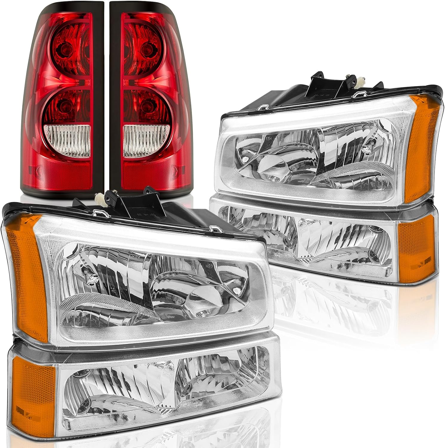Headlights and Taillights Assembly Combo Kits for 2003-2006 Chevy Silverado 1500 2500 3500 & 2007 Chevy Silverado Classic Head Lamps/Red Rear Tail Brake Signal Lights Replacement (LH RH),Chrome Amber