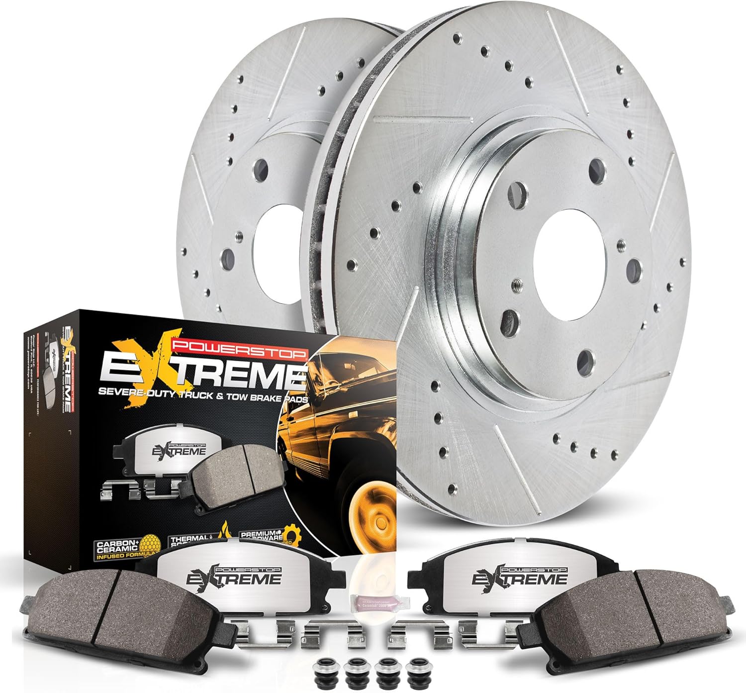 PowerStop Front Brake Kit For Chevy Silverado 2500 HD 2001-10 |Express 3500 2003-20 |GMC Savana 3500 2003-20 - Truck & Tow Carbon Fiber Ceramic Brake Pads + Drilled & Slotted Rotors Upgrade, K2071-36
